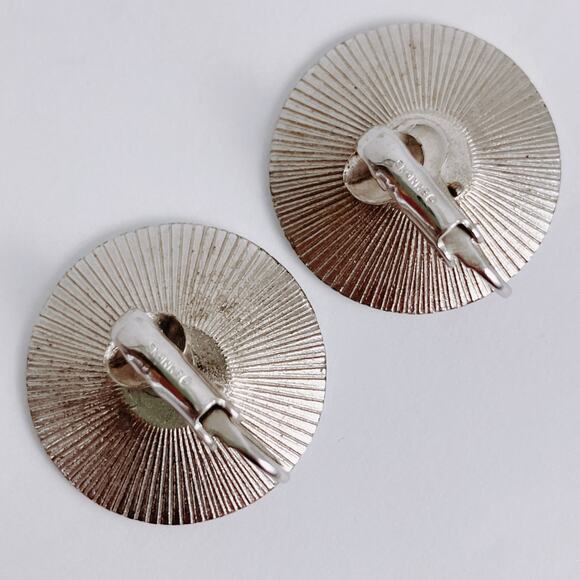 Signed Emmons Mid Century Earrings Sunburst Clip On 1950s 1960s Silver Tone - Picture 7 of 11